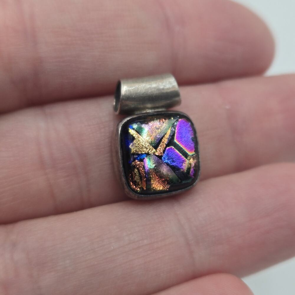 Vintage 925 Sterling Silver Rainbow Artisan Dichroic Glass Small Pendant